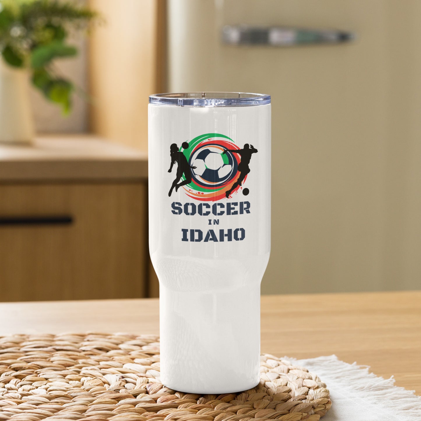 Soccer In Idaho Travel mug with a handle