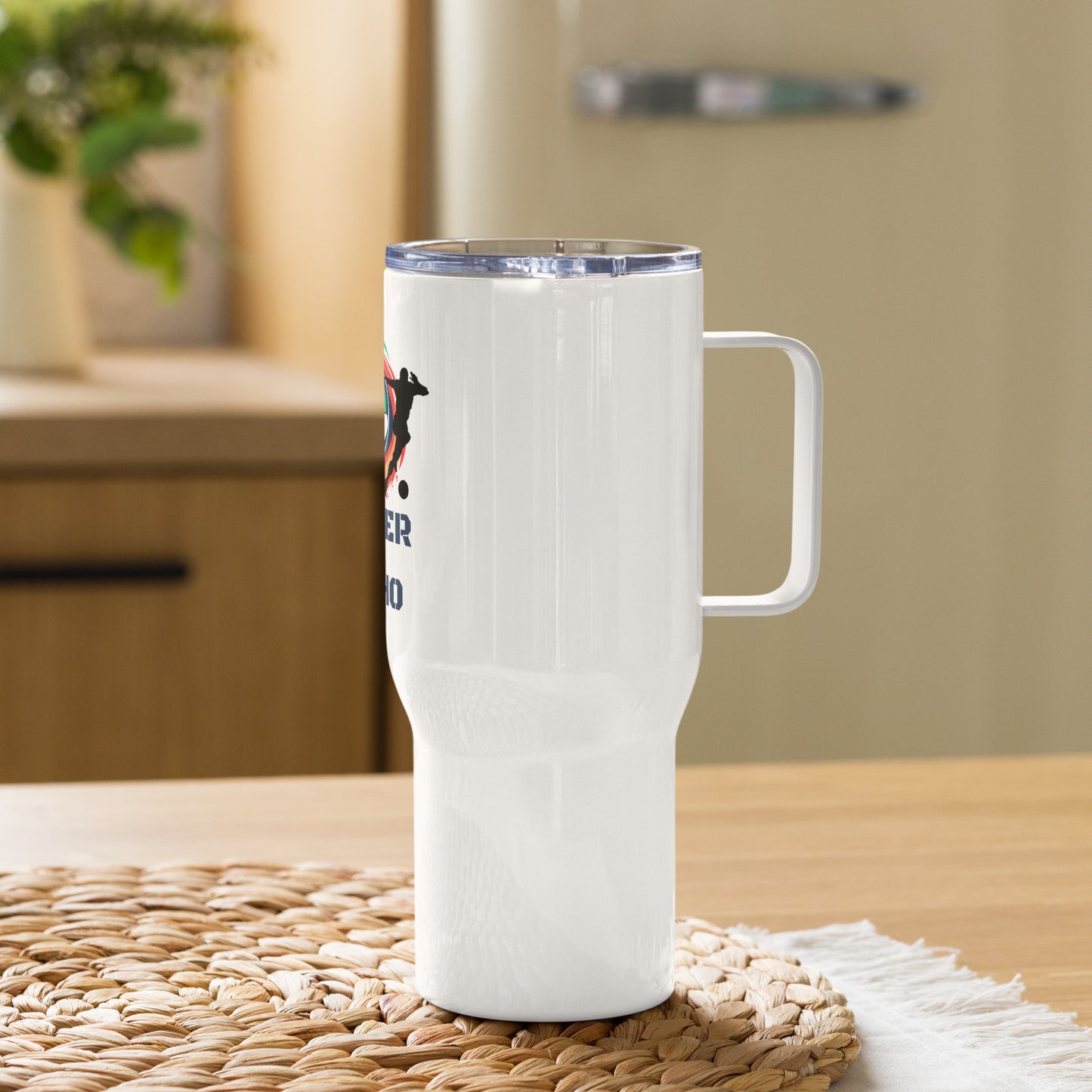 Soccer In Idaho Travel mug with a handle