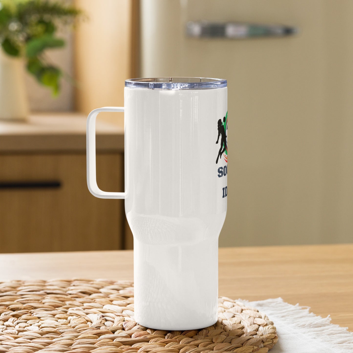 Soccer In Idaho Travel mug with a handle